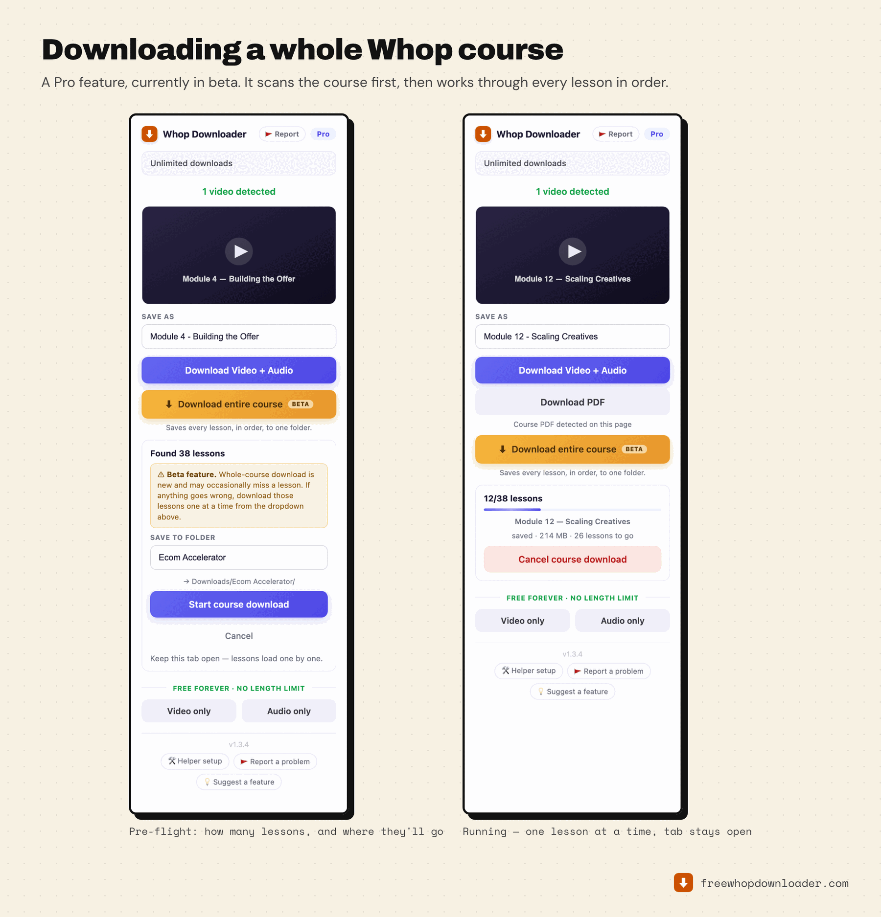 The Whop Downloader whole-course flow: a pre-flight panel reporting 38 lessons found with a folder name, and a running panel showing 12 of 38 lessons complete
